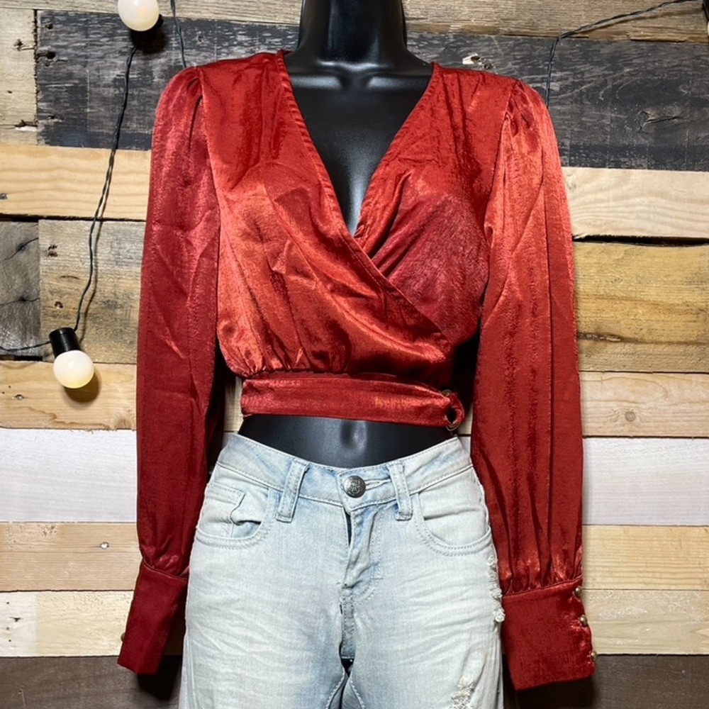 Long Sleeve Burnt Orange Wrap Crop Blouse~ Size Small-Medium-Large